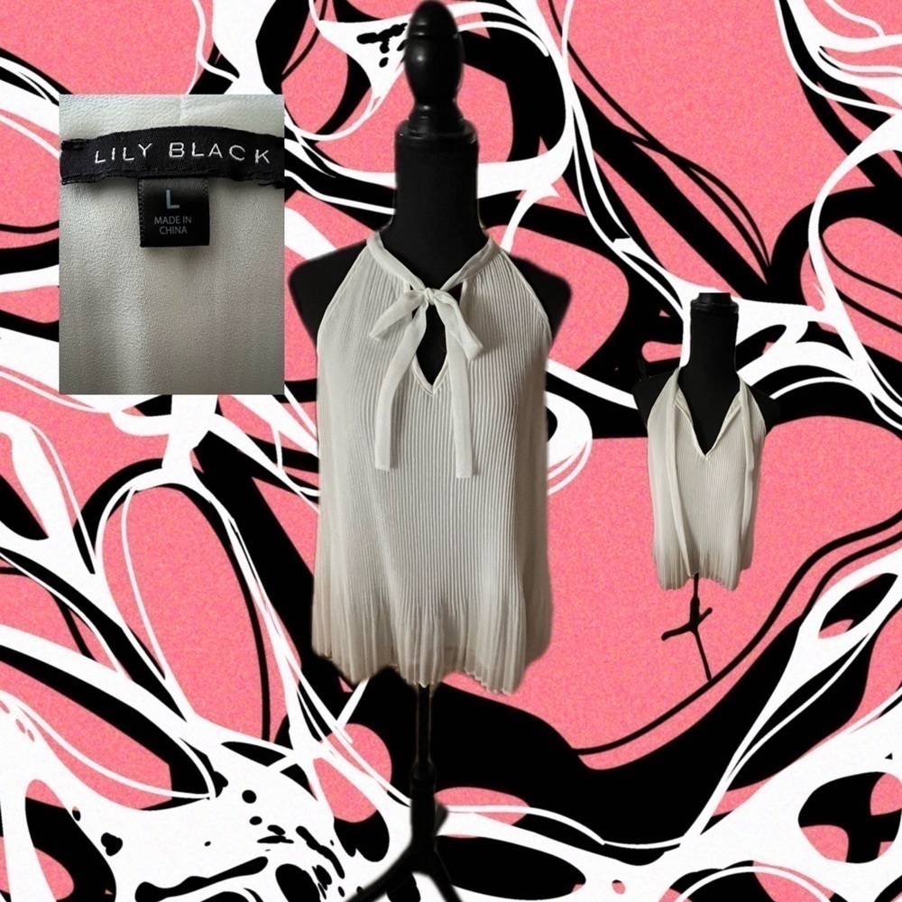 Lily Black Pleated White Sleeveless Top Size L NWOT